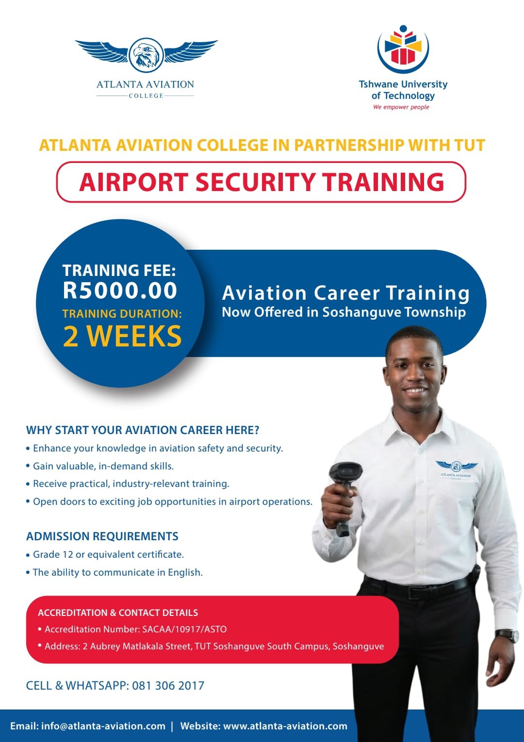Atlanta Aviation College airport security training in Soshanguve, in partnership with TUT - R5000, two weeks, Grade 12 required