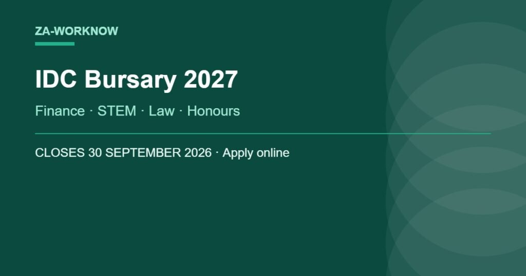 IDC bursary 2027 applications open for Finance, STEM, Law and Honours studies, closing 30 September 2026