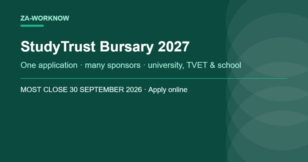 StudyTrust bursary 2027 applications - one application for many sponsors, most closing 30 September 2026