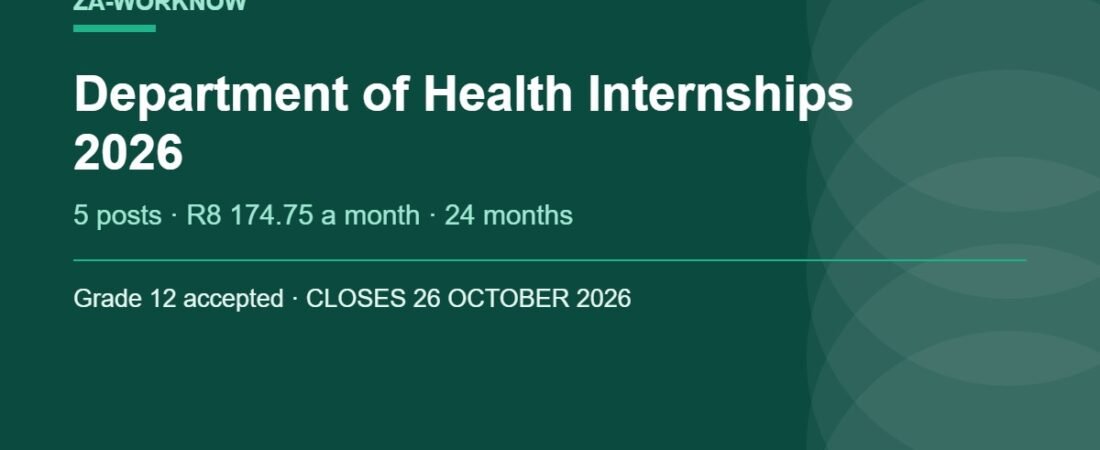 Department of Health Internships 2026: 5 Posts, R8 174 a Month